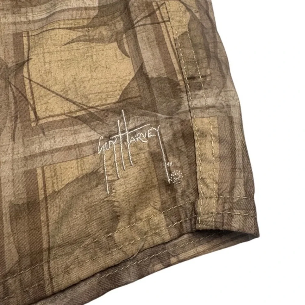Guy Harvey Men's Medium Swim Trunks Swordfish Tan Print Mesh Lined Board Shorts‎